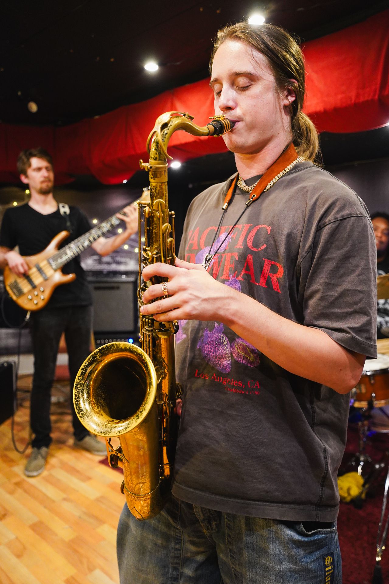 Mid-solo on tenor sax